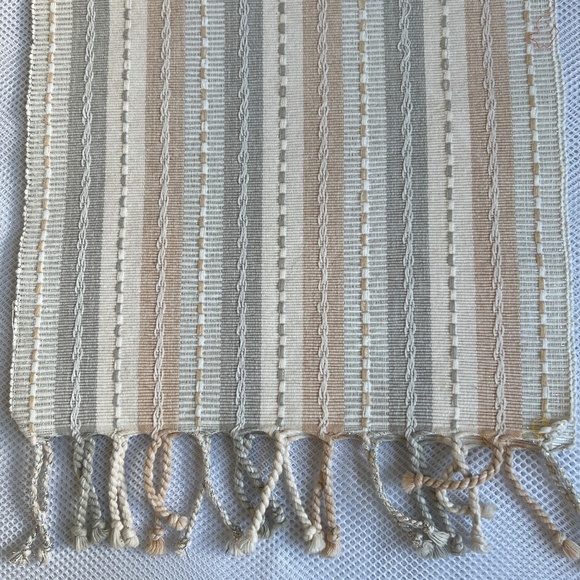 Pier One Imports Table Runner Beige Gray Tonal Striped Textured Fringe Shiny - Picture 3 of 4